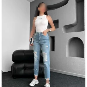 شلوار جین مام فاق بلند پاره آبی - 12018