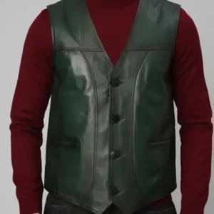 یقه دار مردانه کلاسیک جلیقه چرمی اصل به رنگ سبز - 12711