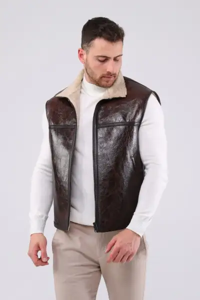 جلیقه پشمی چرم طبیعی مردانه - 12724 جلیقه پشمی چرم طبیعی مردانه - 12724