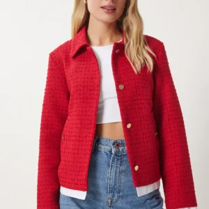 کت کتان قرمز زنانه با یقه توییت مدل TO00157 - 11831