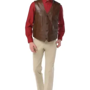 جلیقه چرمی مردانه کلاسیک با دکمه Kossel، رنگ شتری آنتیک - 12710