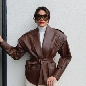 کت چرم با جزئیات زیپ و کمربند - 12043