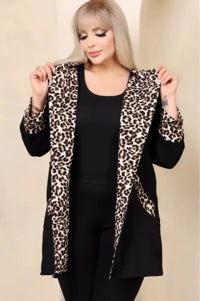 کاپشن بلند کلاهدار با یقه برگشتی و طرح پلنگی و جیب دار - 12511