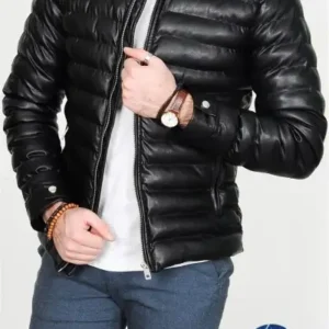 کاپشن چرم مردانه مشکی با طراحی باریک و داخل پُر از پشم و جیب داخلی - 13076