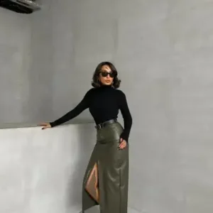 دامن چرم مصنوعی هاگی با برش جلو - 12887