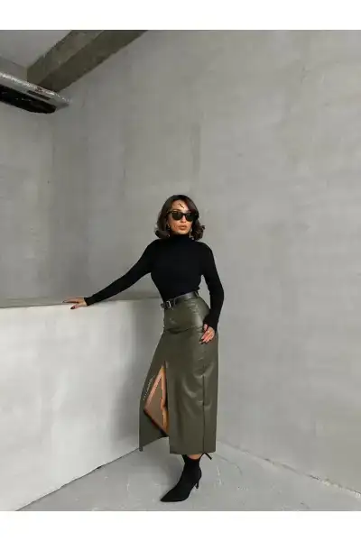 دامن چرم مصنوعی هاگی با برش جلو - 12887