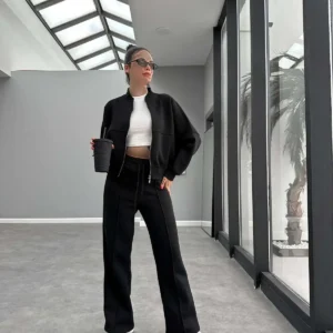 ست شلوار و سویشرت با جزئیات زیپ و آستری پشمی - 12010