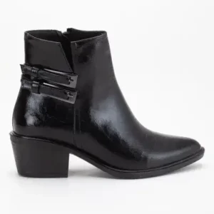 کفش پاشنه‌بلند زنانه چرم مشکی نوک تیز سبک وسترن با بند - 12833