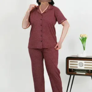 ست پیژامه دکمه‌دار چلوک پخته زنانه بزرگ‌سایز با جیب رنگ بنفش ۲۰۲۵۰۷ - 12531