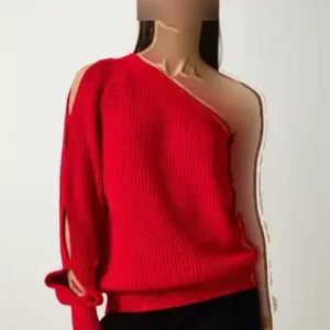 کلاسیک بافتنی تک ‌آستین زنانه با جزئیات پنجره قرمز - 12251