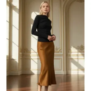 دامن بلند ساتن قهوه‌ای زنانه - 12902