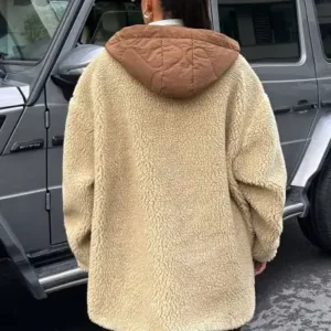 کاپشن قهوه‌ای با برش گشاد و پشم‌دار - 12604