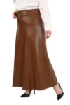 دامن چرم بلند قهوه‌ای با کمر بزرگ - 12897