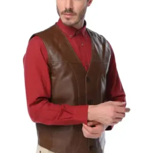 جلیقه چرمی مردانه کلاسیک با دکمه Kossel، رنگ شتری آنتیک - 12710