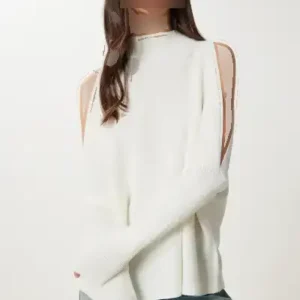 کاپشن زنانه کرم رنگ با جزئیات برش‌دار و سایز بزرگ مدل AS00015 - 12274