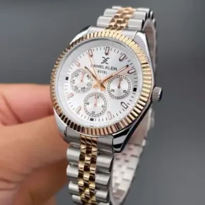 ساعت مچی زنانه با بند استیل رنگ رز و نقره‌ای ضد آب با 2 سال ضمانت