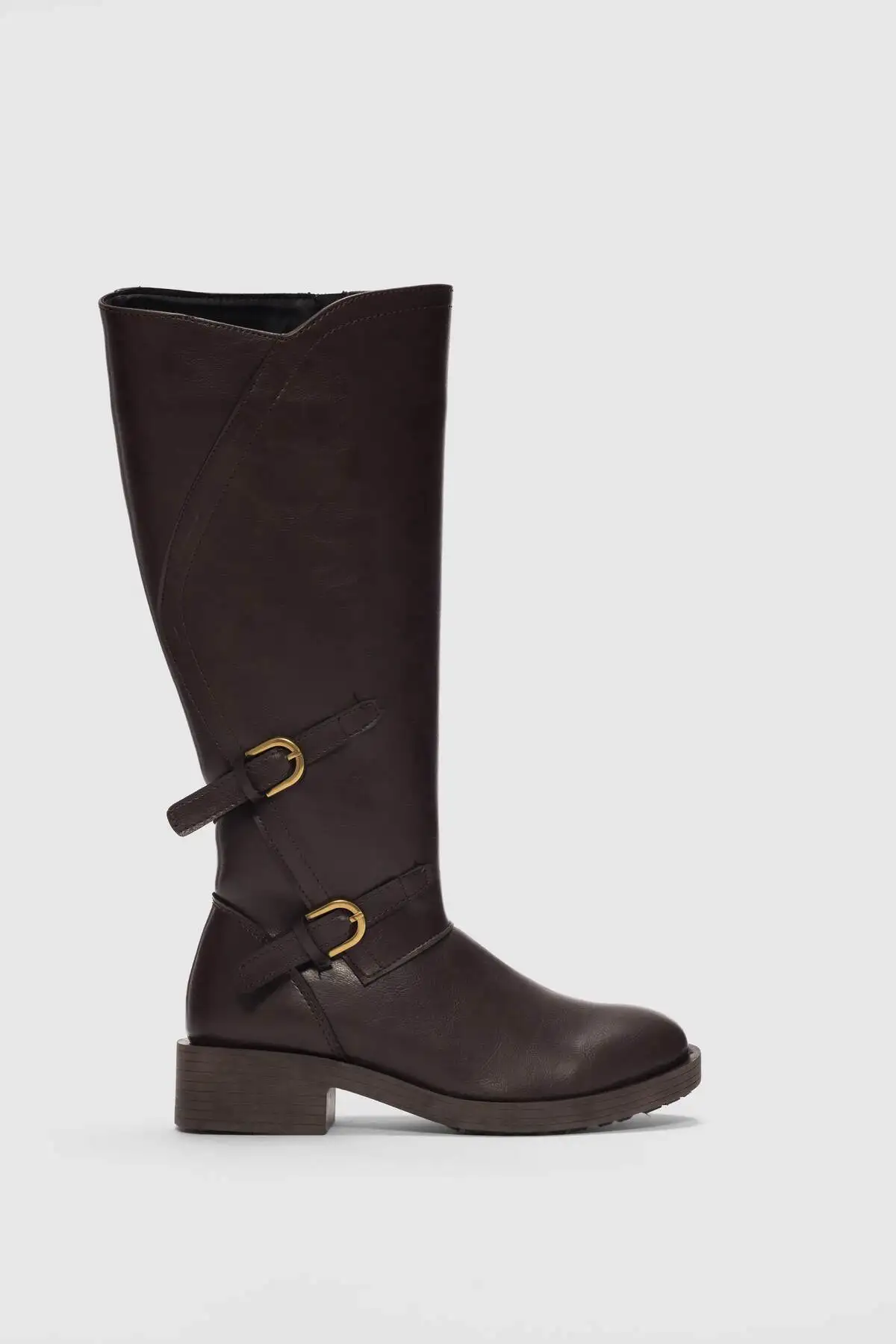 بوت زنانه با جزئیات قفل دوگانه - قهوهای - 11963 بوت زنانه با جزئیات قفل دوگانه - قهوهای - 11963