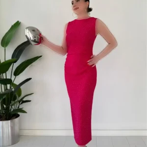 پیراهن کرب پاستلی بدون آستین براق صورتی - 12006