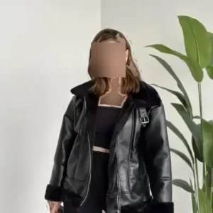 کت چرمی مشکی راحت با برش نازک و آستری ابریشمی برای خانم‌ها - 12616