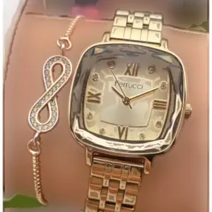 ساعت مچی زنانه مارکا گلد با رنگ طلایی، بند کریستالی شیشه‌ای و بند استیل با ۲ سال گارانتی - دستبند - 12150