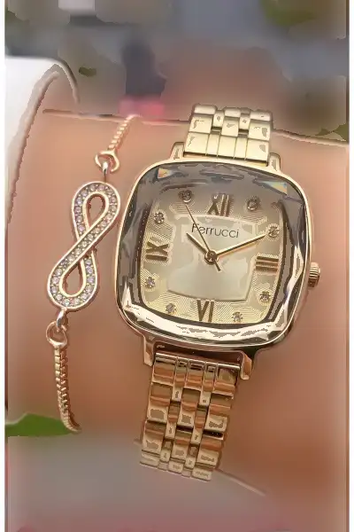 ساعت مچی زنانه مارکا گلد با رنگ طلایی، بند کریستالی شیشهای و بند استیل با ۲ سال گارانتی - دستبند - 12150 ساعت مچی زنانه مارکا گلد با رنگ طلایی، بند کریستالی شیشهای و بند استیل با ۲ سال گارانتی - دستبند - 12150