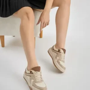 کفش ورزشی زنانه با بند، رنگ بژ و زیره ترمو - 12966