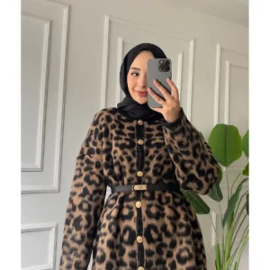 کاردیگان بافتنی بلند زنانه طرح پلنگی نیش - 11895