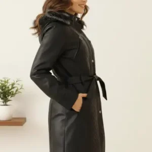 کاپشن زنانه جدید با کلاه و آستر پشمی مشکی KS2559 - 12695