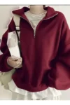 سوئیشرت زنانه یقه ایستاده با زیپ نیمه در رنگ بورگاندی - 12275