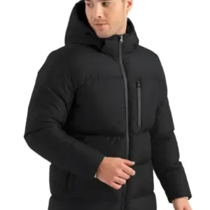 کاپشن زمستانی مشکی مردانه با کلاه، ضخیم و ضد باد - 13067