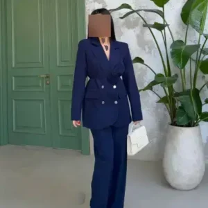 کت و شلوار پَلوцо با جزئیات کمربند گلدار زنانه - 12416