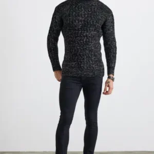 کاپشن بافتنی ضخیم مدل گلوگرد با الگوی بافت لوزی و نوارهای بافت مویی مردانه - 12952