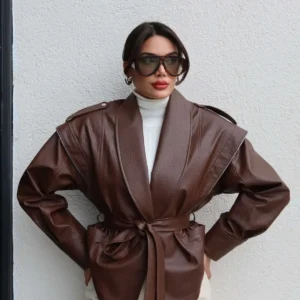 کت چرم با جزئیات زیپ و کمربند - 12043