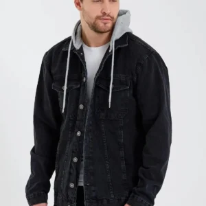 کت جین کلاسيک مردانه با طرح شهری، مناسب برای استفاده روزمره، با کلاه، رنگ مشکی - 11922