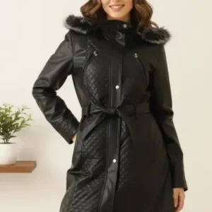 کاپشن زنانه جدید با کلاه و آستر پشمی مشکی KS2559 - 12695