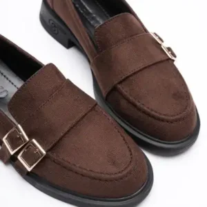 کفش زنانه loafer مخملی قهوه‌ای با بک‌زنجیری طلایی Viva - 12792