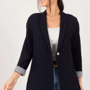 کت تک دگمه‌ای زنانه با رنگ سرمه‌ای تیره و آستین‌های خط‌دار - 11859