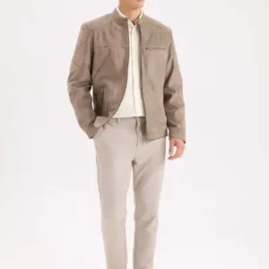 کاپشن بهاره تک دکمه عرضی با یقه ایستاده و زیپ، مدل باریک و با ظاهر چرم سوئدی، کد D5977AX25SP - 12289