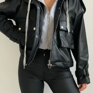 جاکت چرم با کلاه و زیپ - 11832