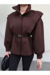 جاکت طراحی شده با کمر قهوه‌ای تلخ - 12035