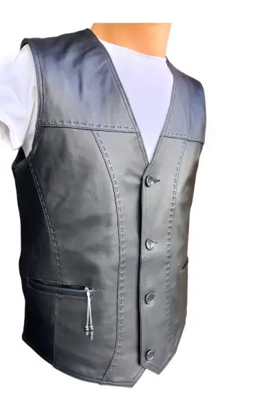 جلیقه چرمی مردانه کلاسیک مشکی با طراحی منفذدار - 12712 جلیقه چرمی مردانه کلاسیک مشکی با طراحی منفذدار - 12712