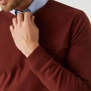 کاپشن بافتنی یقه گرد از جنس پنبه، فیت معمولی، به رنگ آجر، بدون پرز شدگی - 12925