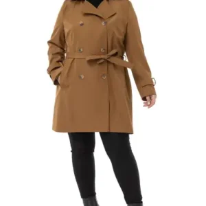 ترنچ‌کت شکلاتی با جیب‌های کروس، با کمربند و آستری دار بزرگ‌پوش - 12530