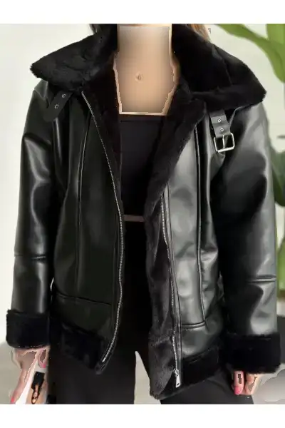 کت چرمی مشکی راحت با برش نازک و آستری ابریشمی برای خانمها - 12616 کت چرمی مشکی راحت با برش نازک و آستری ابریشمی برای خانمها - 12616