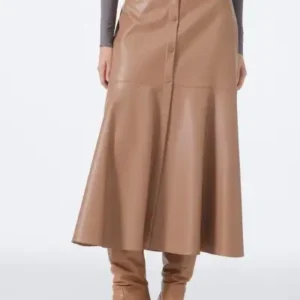 دامن چرم قهوه‌ای با نمای دکمه‌ای ETK-0194 - 12899