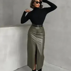 دامن چرم مصنوعی هاگی با برش جلو - 12887