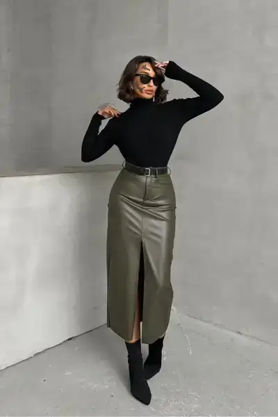 دامن چرم مصنوعی هاگی با برش جلو - 12887