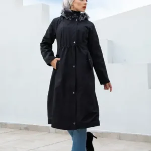 کاپشن زنانه مشکی تیره با آستر پلار و خز - 12675