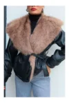 ژاکت چرم با یقه پشمی و کمربند دار - 12045