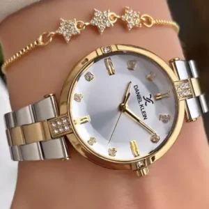 زنانه ساعت – اصلی – رنگ نقره‌ای طلایی – شیشه کریستالی – ضمانت‌دار – دستبند هدیه - 12132